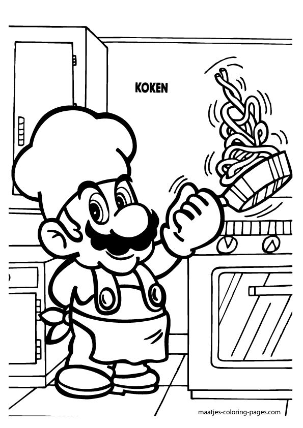 Super Mario cooking in the kitchen